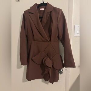Elegant Brown Blazer Dress with Flower Detail
